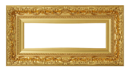 Ornate golden picture frame with empty center isolated PNG with Transparent Background