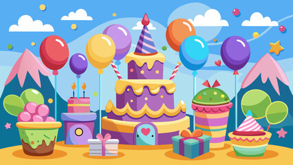 Birthday party with cake and balloons