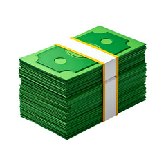 Stacked green banknotes bound by a white and yellow paper strip, isolated on black
