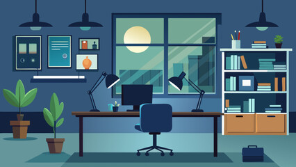 Office room interior at night scene