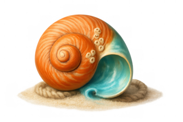 Seashell transforming into ocean wave on sand with rope, surreal digital illustration on transparent background