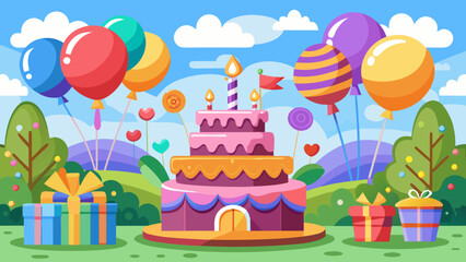 Colorful birthday party with cake and gifts