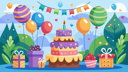 Birthday cake with balloon and gift box