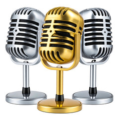 Three vintage microphones gold center, flanked by silver, isolated on black background