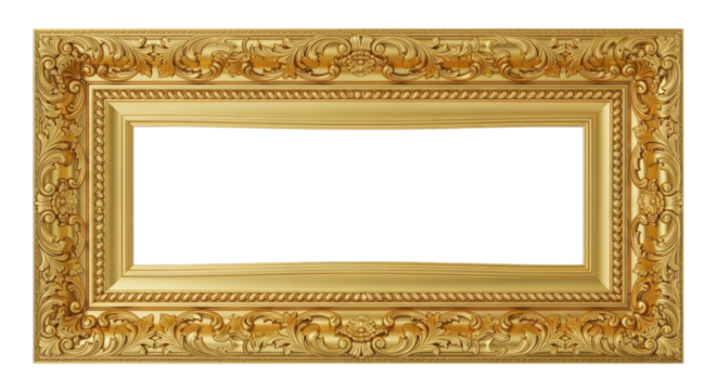 Ornate golden picture frame with empty center isolated PNG with Transparent Background