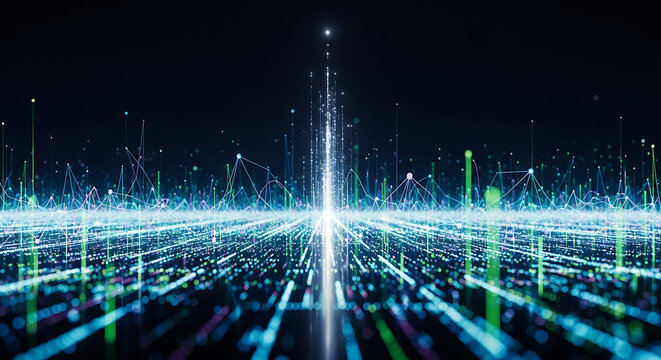 Abstract digital landscape with glowing lines and dots converging to a bright central point ai generated