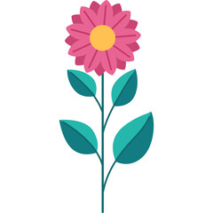 Pink Cartoon Flower With Yellow Center and Green Stem With Teal Leaves Isolated On White Background Vector Illustration