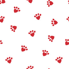 Seamless pattern with red paw prints and hearts. Cute animal love background for pet shop design, Valentine’s Day, wrapping paper, or textile. Vector illustration on white background.