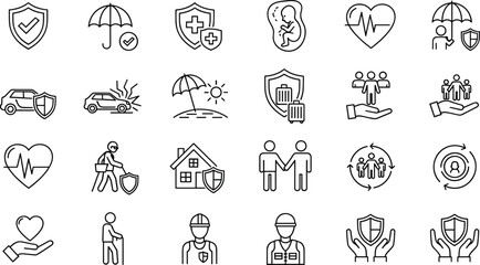 Insurance protection icon set, health, life, travel, family, vehicle, security, medical safety, coverage symbols, risk management, secure future vector