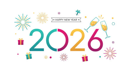 Happy New Year 2026 Celebration with Clock, Champagne, and Confetti Fireworks