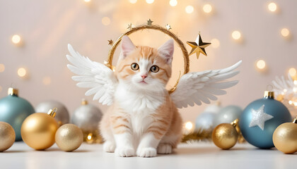 Cute domestic orange kitten with a golden halo and wings sitting on a studio with Christmas decoration