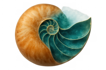 Nautilus shell cross-section revealing spiral chambers and golden ratio geometry on transparent background