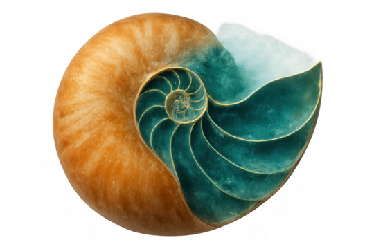 Nautilus shell cross-section revealing spiral chambers and golden ratio geometry on transparent background