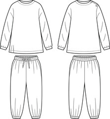 Kids sweatshirt and jogger pants flat sketch, front and back vector CAD drawing for children's fashion and garment design template