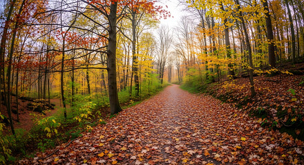Naklejka premium A path covered in fallen leaves in a forest with trees displaying autumn colors on a cloudy day ai generated