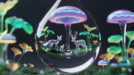 Surreal fantasy landscape with glowing mushrooms deer and fox reflected in a water drop a magical and dreamlike illustration