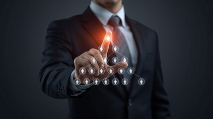 Professional Man Touching a Digital Network Structure: Business Hierarchy, MLM Marketing, Team Building, and Leadership Concept
