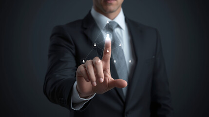Professional Man Touching a Digital Network Structure: Business Hierarchy, MLM Marketing, Team Building, and Leadership Concept