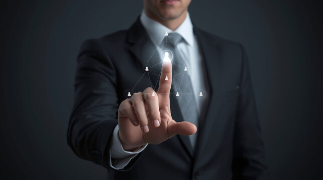 Professional Man Touching a Digital Network Structure: Business Hierarchy, MLM Marketing, Team Building, and Leadership Concept