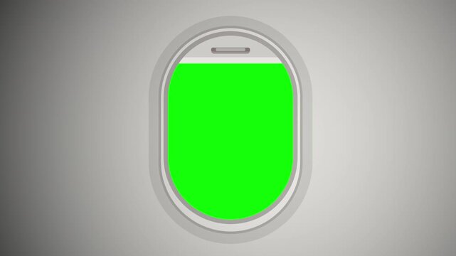 Airplane window with green screen for travel, vacation, or business trip concepts, offering versatile background replacement for creative projects.
