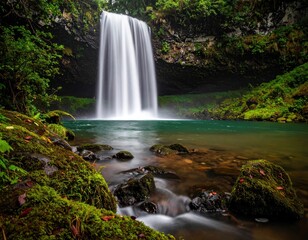 Scenic waterfall cascades into a serene, clear blue pool amidst lush greenery