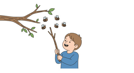 Whimsical illustration of a boy poking a bee's nest with a stick beneath a tree branch
