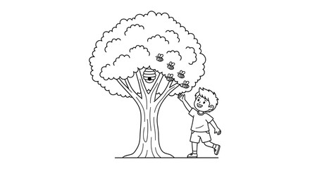 Drawn illustration of a smiling boy reaching for bees near a hive in a lush tree