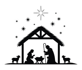 Christmas Nativity scene vector silhouettes with Holy Family, animals, and iconic star — perfect for printable designs, festive banners, church programs, and seasonal marketing materials.