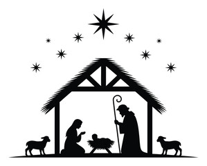 Nativity scene silhouettes featuring Mary, Joseph, baby Jesus, shepherds, and the star of Bethlehem — perfect for Christmas decorations, greeting cards, posters, and holiday-themed design projects.
