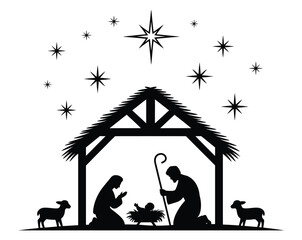 Christmas Nativity scene vector silhouettes with Holy Family, animals, and iconic star — perfect for printable designs, festive banners, church programs, and seasonal marketing materials.