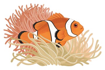 Illustrated Clownfish Swimming Among Sea Anemones in Vibrant Colors
