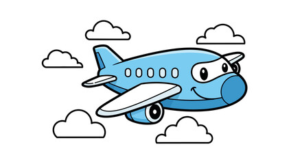 Fototapeta premium Cheerful blue cartoon airplane amidst fluffy clouds on a clear journey concept