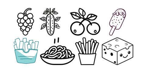 Fun food icons for a delightful design, sweet treat ice cream, cheese, healthy grapes, cherries, doodle illustration for kids, restaurant menu, tasty food