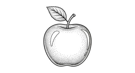 Intricate stippled apple illustration with leaf against a pristine white backdrop