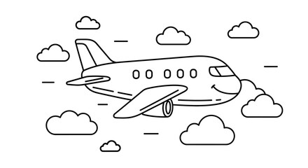 Whimsical airplane amidst fluffy clouds a charming monochrome illustration for aviation themed