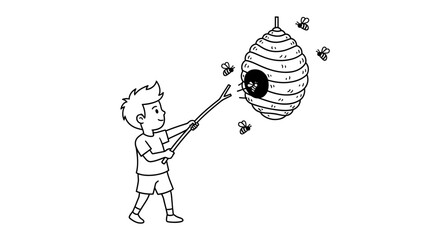 Line drawing illustration of a boy poking a beehive with a stick, surrounded by buzzing bees