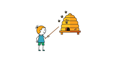 Cartoon drawing of a child with a pointer presenting a beehive with buzzing bees in an educational