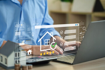 Hands on a laptop with transparent UI of house icon, checklist, and star rating, showing online...