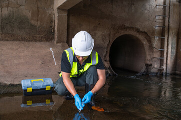 Environmental Scientist Collecting Water Samples Under Bridge