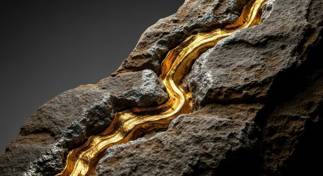 A 3D render of a rich vein of molten gold flowing through a crack in a dark, metallic rock, isolated on a grey background. Concept of finding wealth.