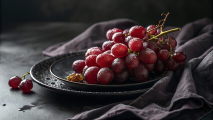 A bunch of red grapes sitting on a dark plate in moody lighting.
