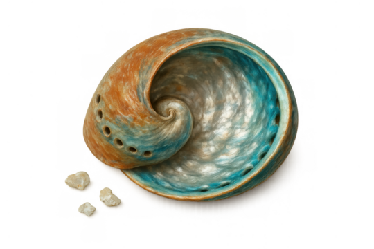 Abalone shell showing iridescent nacre texture and colorful spiral pattern against a transparent background