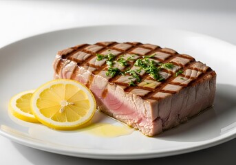 A perfectly grilled medium-rare tuna steak fillet, garnished with fresh herbs and served with lemon slices on a white plate
