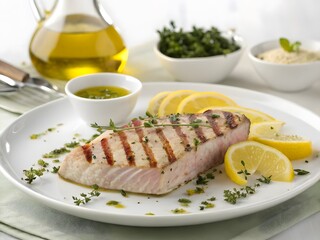 Gourmet grilled fish steak seasoned with fresh herbs and served with zesty lemon and olive oil, a concept of healthy Mediterranean dining
