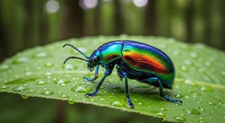 Iridescent beetle on green leaf with glistening water drops
