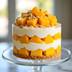 A delicious Mango Graham Cake (Mango Float) displayed on a glass cake stand, with perfectly layered textures