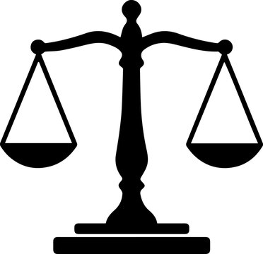 Minimalist Flat Design Scales of Justice Icon in Solid Black Silhouette on White Background Representing Law, Fairness, and Legal Balanc