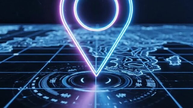 Luminous 3D Neon Location Pin Hovering Above Holographic Map Grid Animation