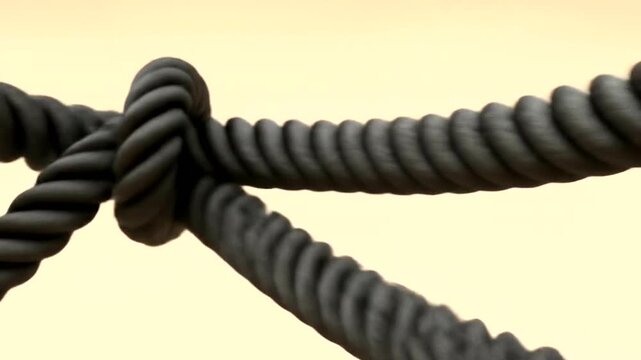 Close-up of intertwined black ropes forming a knot against a soft background