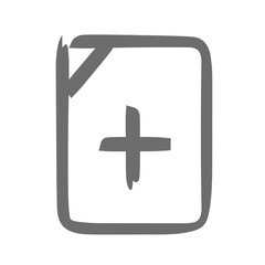 A graphic icon depicting a hand-drawn plus sign on a document symbolizing adding new content.
